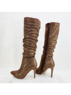 Brand New Trendy Brown Rhinestone Slouchy Shaft Knee High Boots 4" Heels